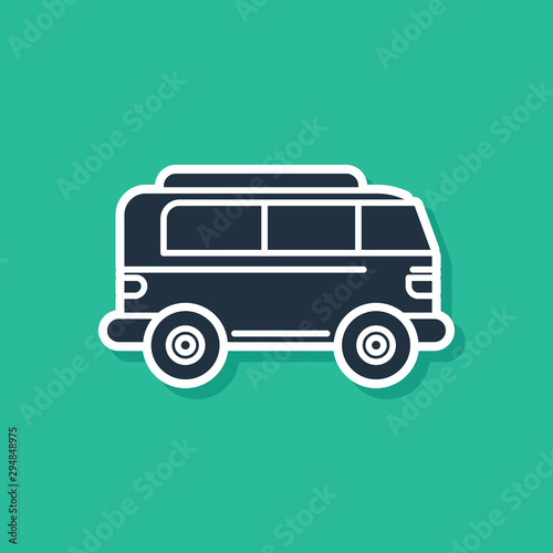 Blue Retro minivan icon isolated on green background. Old retro classic traveling van. Vector Illustration