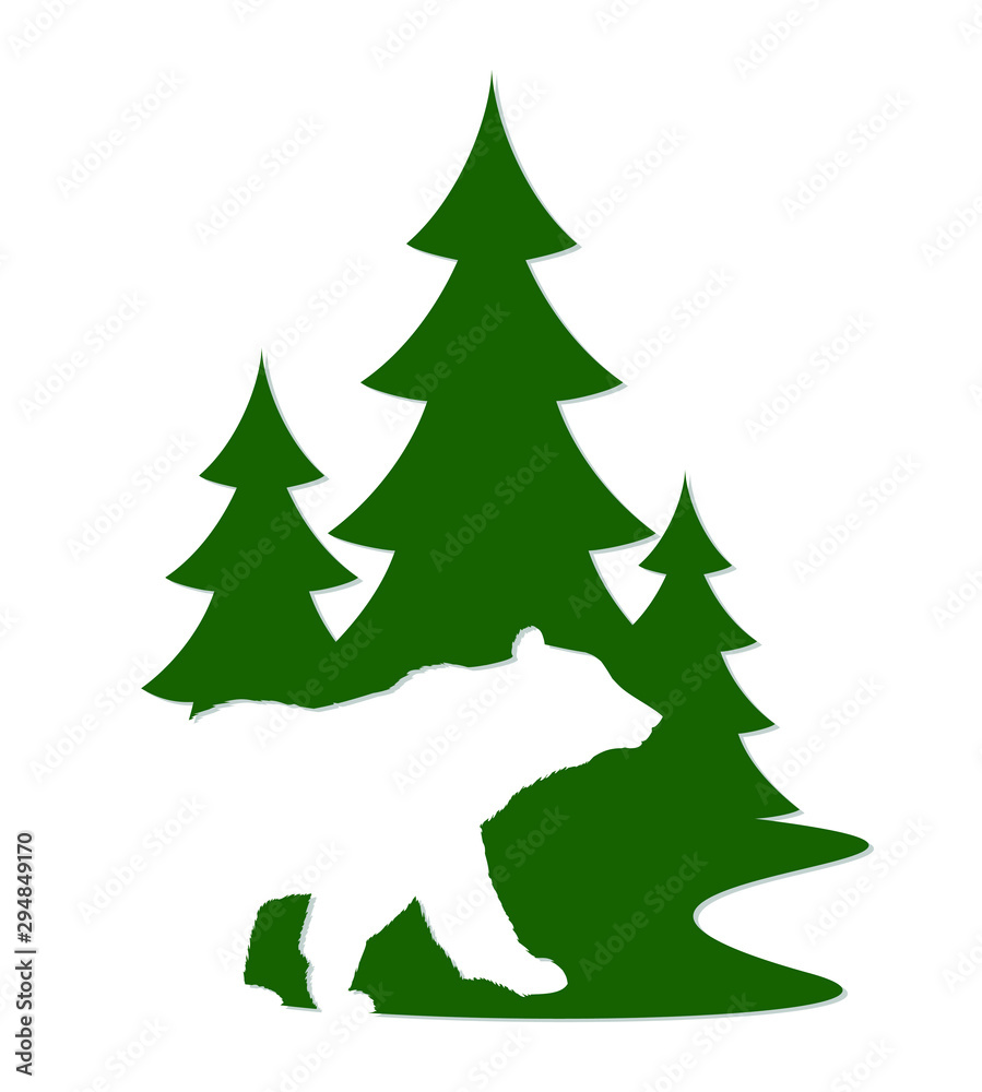 Silhouette of a wild bear with green forest.