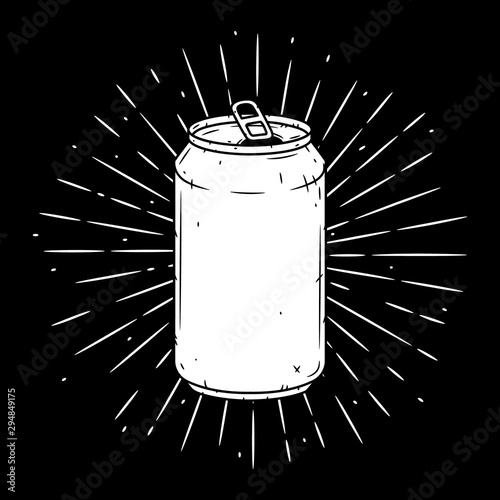 Aluminum can. Hand drawn vector illustration with Aluminum can and divergent rays. Used for poster, banner, web, t-shirt print, bag print, badges, flyer, logo design and more.