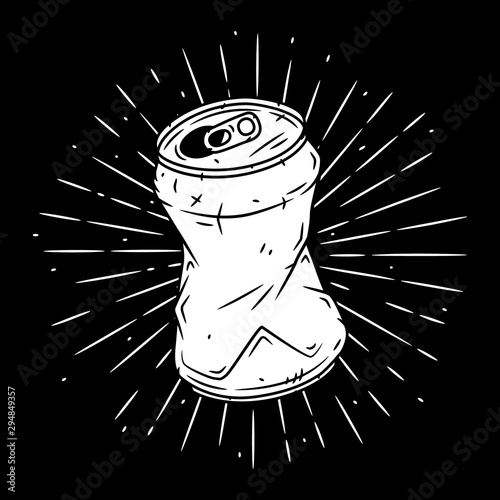 Aluminum can. Hand drawn vector illustration with Aluminum can and divergent rays. Used for poster, banner, web, t-shirt print, bag print, badges, flyer, logo design and more.