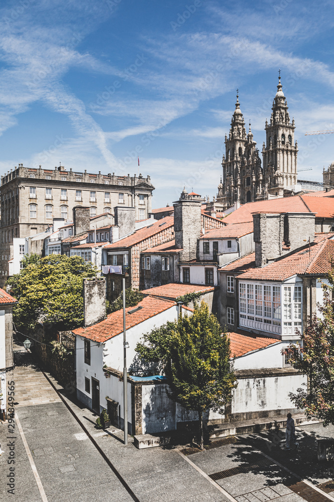 Santiago Cathedral over Compostela roofs. Galicia, Spain.