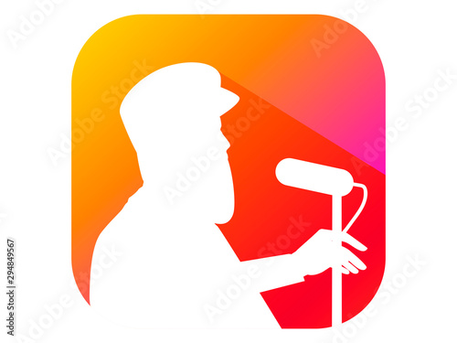 Man speaks into the microphone from the podium, flat style icon with long shadow. Gradient background. Vector illustration