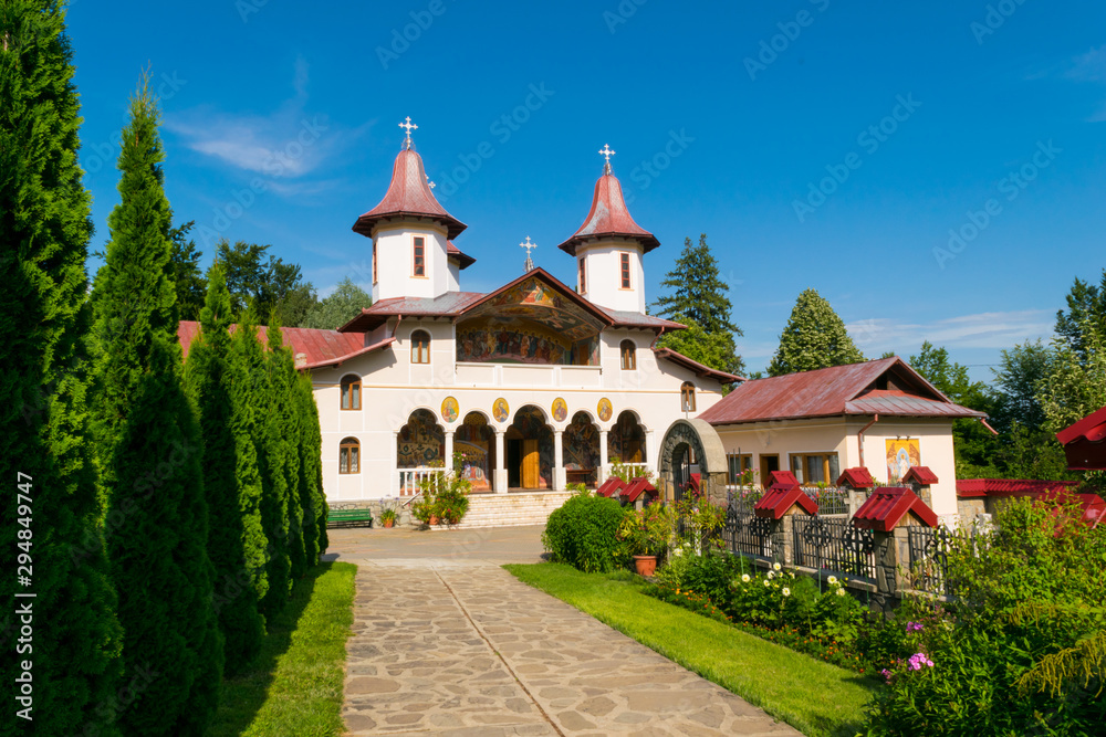Crasna, Prahova, Romania - July 21, 2019: Front view of the Crasna Monastery near Izvoarele, Prahova.
