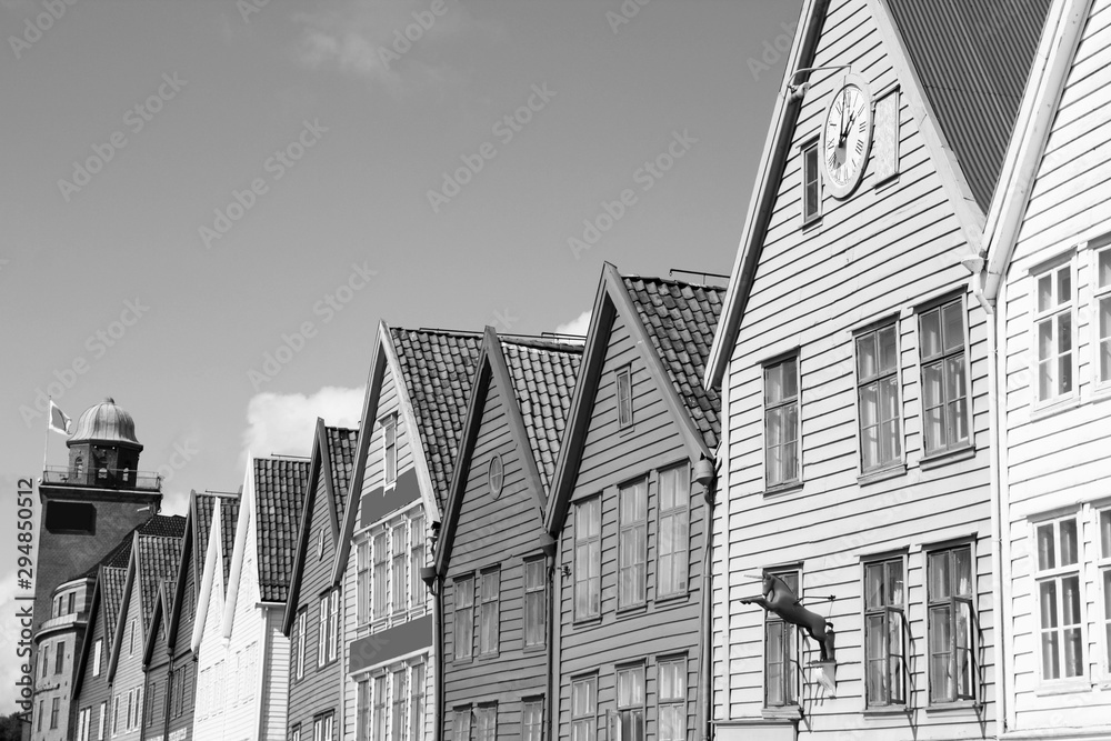 Bergen Old Town, Norway. Black and white vintage style.