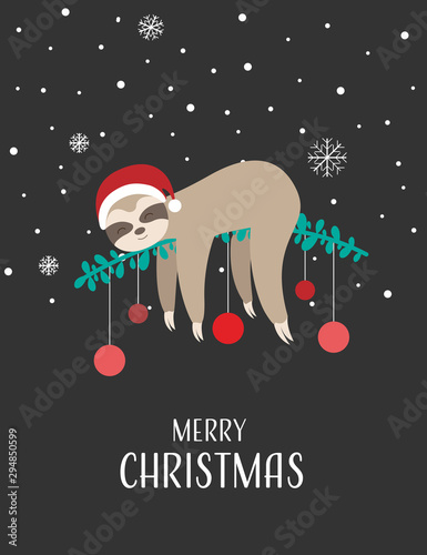 Christmas card with cute sloth - Merry Christmas, dark design