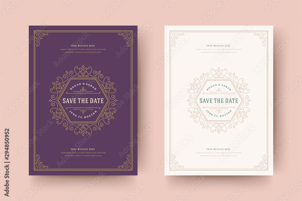 Wedding invitation save the date card flourishes ornaments vignette swirls vector template. Wedding invitation save the date card flourishes ornaments vignette swirls vector template.