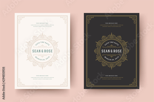Wedding invitation save the date card flourishes ornaments vignette swirls vector template.