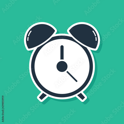 Blue Alarm clock icon isolated on green background. Wake up, get up concept. Time sign. Vector Illustration
