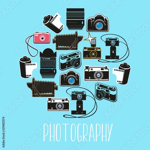 Old and modern camera, film and flash light