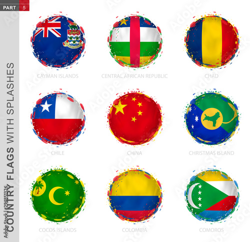 Flag collection, round grunge flag with splashes. 9 vector flags.