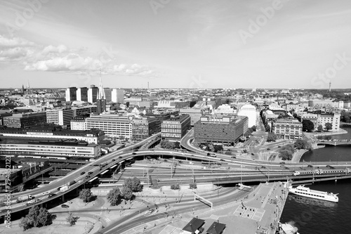 Photography Stockholm city aerial view. Black and white vintage style.