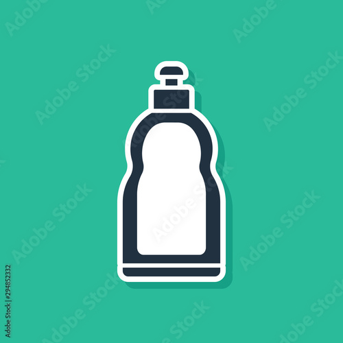 Blue Plastic bottle for liquid laundry detergent, bleach, dishwashing liquid or another cleaning agent icon isolated on green background. Vector Illustration