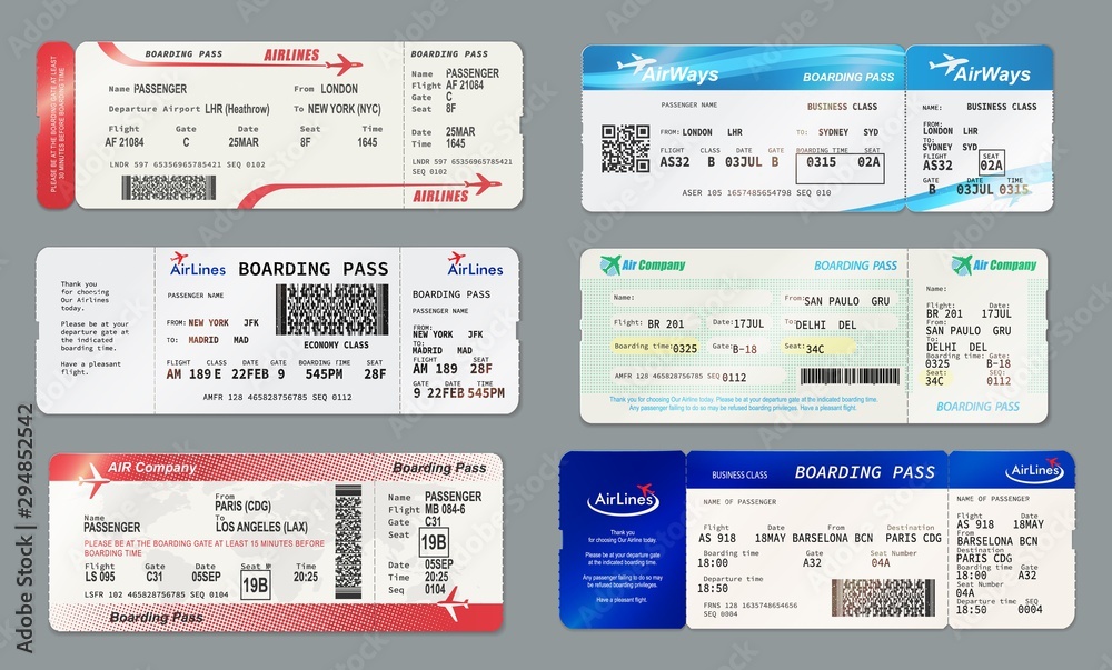 Boarding pass and plane ticket, vector mockups - obrazy, fototapety, plakaty 