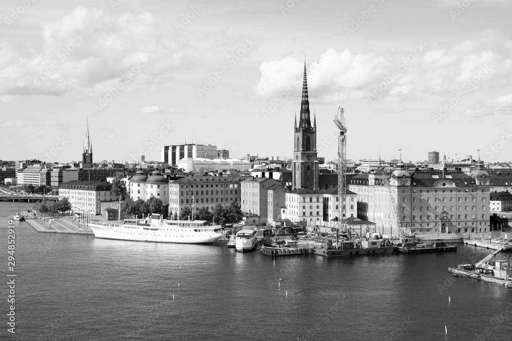 Stockholm city skyline. Black and white vintage style.