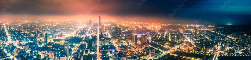 Aerial panoramic view of kaohsiung city skyline at night. Taiwan
