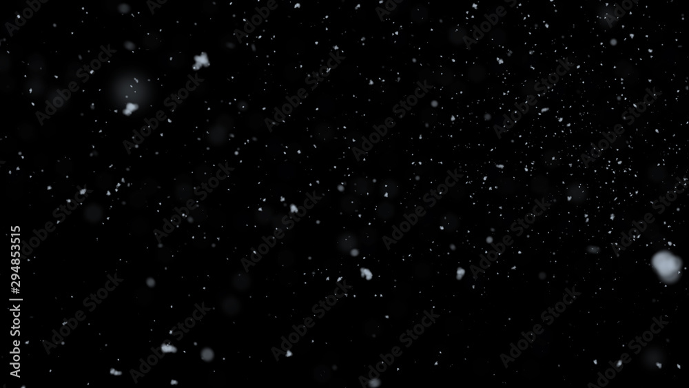 3D Rendering. Realistic Snow Falling On Black Background.