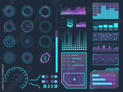 HUD elements mega pack. Sci-Fi futuristic User Interface. Menu buttons, infographic vector illustration.