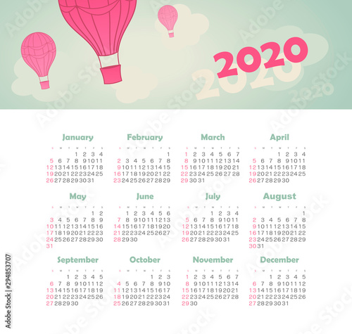 Calendar 2020 with balloon, sky, cloud, aerostat