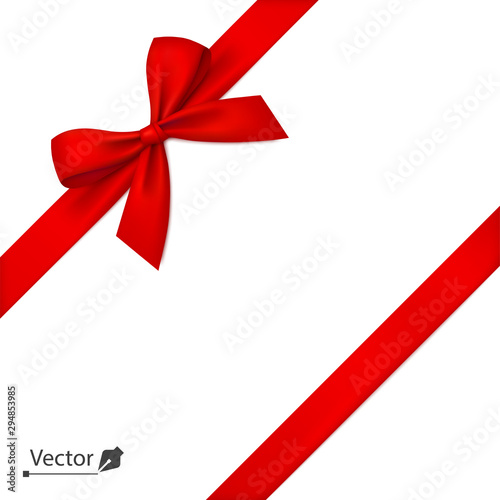 Red bow with diagonally ribbon on the corner. Vector bow for page decor, gifts, greetings, holidays.