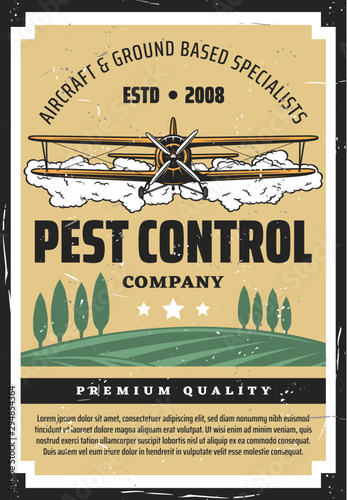 Biplane crop duster and farmland, pest control