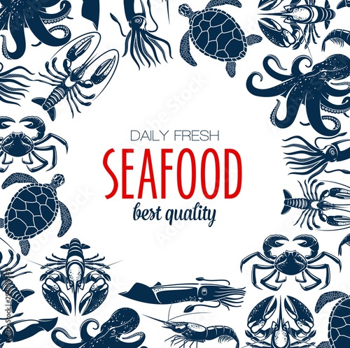 Seafood poster, turtle and shrimp, crab