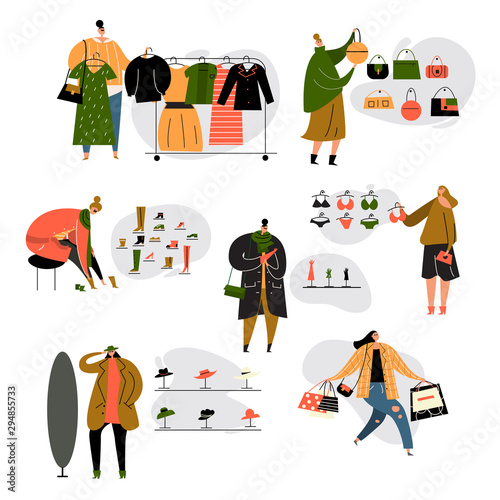 Illustration of women doing shopping in clothes store. Vector set.