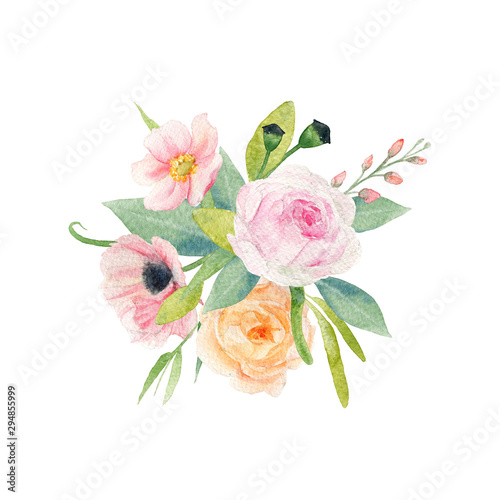 Handpainted floral arrangement. Watercolor bouquet of pink and yellow flowers - peonies and poppies with greenery foliage. Perfect clipart for wedding invitation, greeting cards.