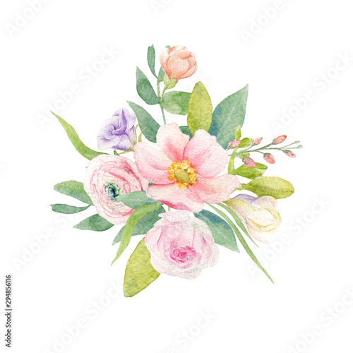 Watercolor floral arrangement. Handpainted bouquet of yellow and pink flowers - peony, ranunculus, Japanese anemone, rose with greenery foliage. Perfect clipart for wedding invitation, greeting cards.