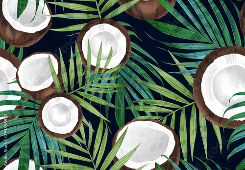 Vector seamless pattern with coconut. Tropical background with exotic fruits. Summer illustration