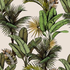 Handdoek met foto Palmbomen patronen Palm en bananenbladeren op beige  © JeannaDraw