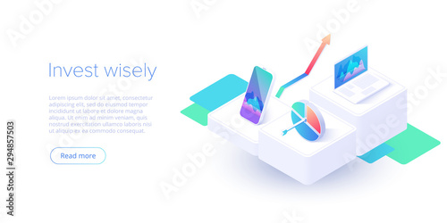 Business investment isometric vector illustration. Data analytics for company marketing solutions or financial performance. Budget accounting or statistics concept.