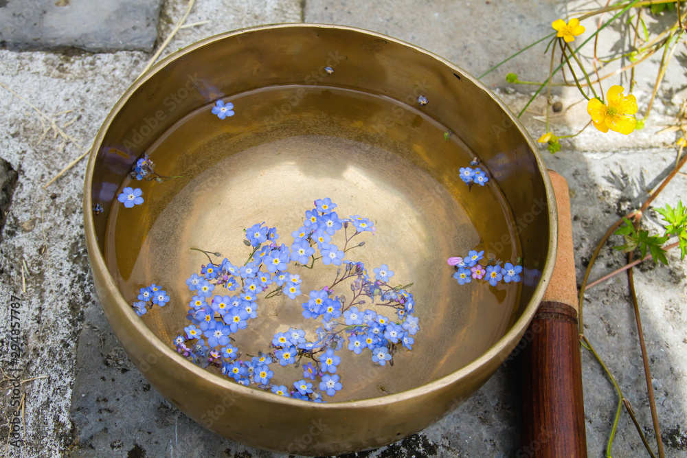 Fototapeta premium Blue flowers floating on tibetan bowl