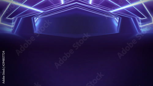 Fototapeta Naklejka Na Ścianę i Meble -  Empty stage background in purple color, spotlights, neon rays. Abstract background of neon lines and rays. Abstract background with lines and glow. Empty stage the reflection of neon lights