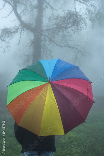 man holding rainbow colored umbrella on foggy rainy day in mountain forest