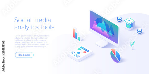 Social media analysis concept in vector illustration. User or follower activity and network statistics. Creative website layout or landing page template. Web banner concept.