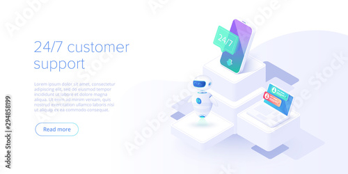 24/7 service concept or call center in isometric vector illustration. 24-7 round the clock or nonstop customer support background. Mobile self-service layout template for web banner.