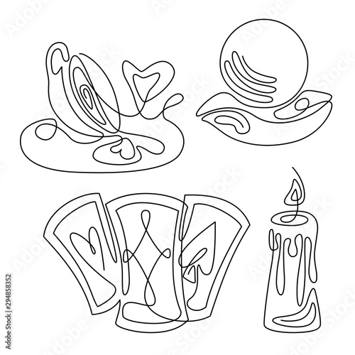 Fortune telling, divination isolated coffee, cards, candle, crystal ball for mystic sphere, shop. Witch store. Idea esoteric, occult presentation. Furtive telling, witchcraft vector illustration.