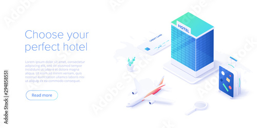 Travelling by air concept in isometric vector illustration. Around the world flight tour or trip. Cheap airline tickets searching and booking service Website layout or web banner template.