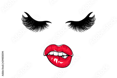 Sexy lips, bite one's lip. Lips Biting. Female lips with fuchsia lipstick.