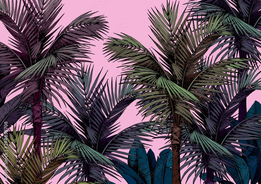 Tropical palm trees card on pink background. Hand drawn vector illustration. - obrazy, fototapety, plakaty 