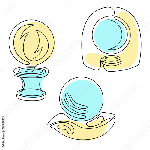 Fortune telling, divination isolated crystal ball for mystic sphere of activity, shop. Witch store. Idea Taromancy, esoteric website. Furtive telling and witchcraft icons, vector illustrations