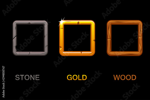Set of square app icons, vector texture frames isolated on black background, elements for UI game or web design