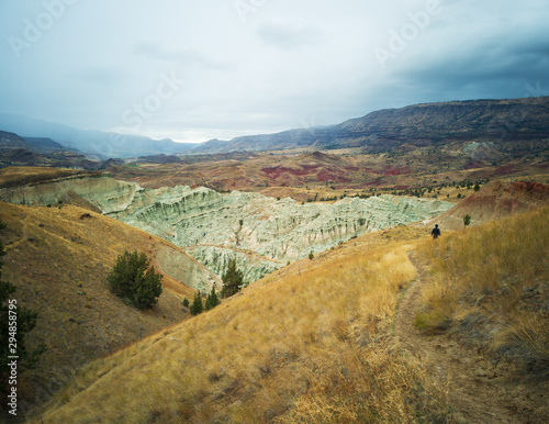 Breathtaking views of the grey-blue badlands and the John Day river valley from the Blue Basin Overlook Trail at the John Day Fossil Beds in Kimberly Oregon