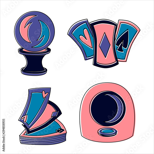 Fortune telling, divination isolated coffee, cards, candle, crystal ball for mystic sphere, shop. Witch store. Idea esoteric, occult presentation. Furtive telling, witchcraft vector illustration.