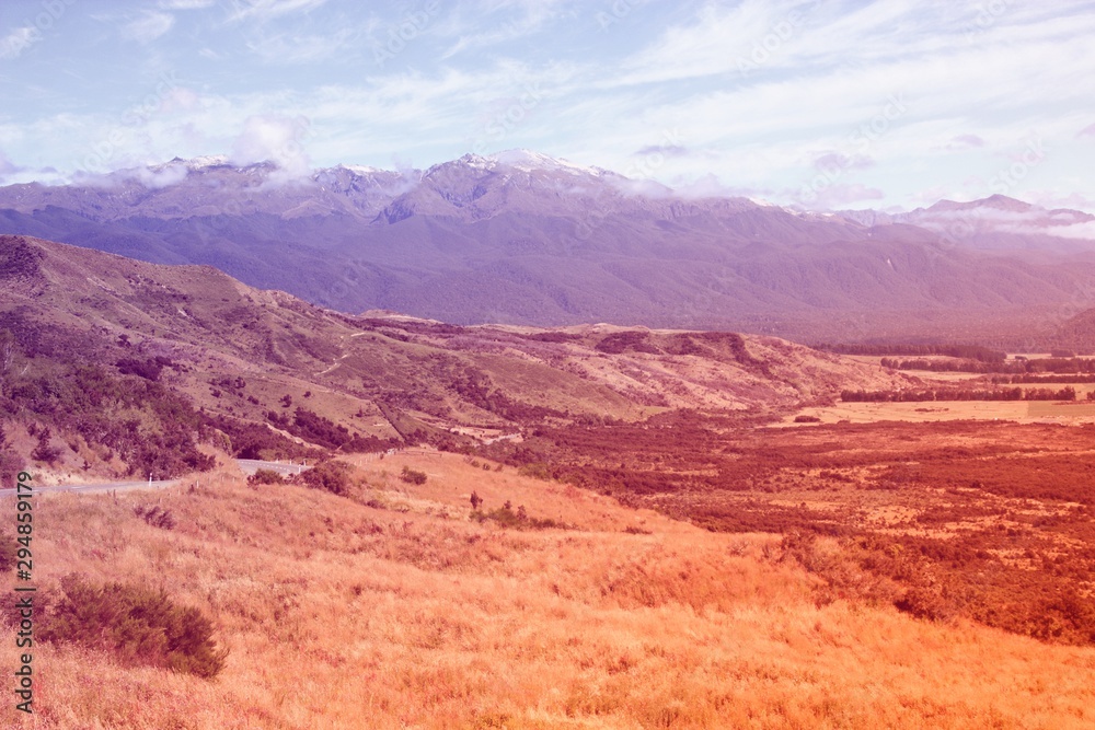 New Zealand Canterbury landscape. Vintage filtered colors.