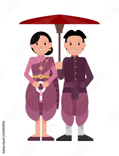 Standing man and women in thai vintage purple costume. A woman hold a garland flower which is a welcome flower in thai. A man hold a red vintage umbrella. Isolated Vector.