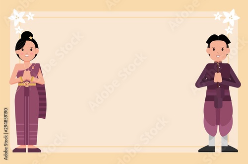 Banner design. Standing man and women in thai vintage purple costume greeting with hand in Thai tradition call "Sawasdee". Isolated Vector.