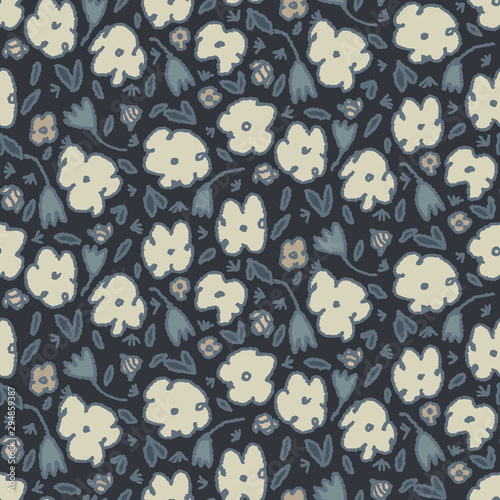 Steel Grey Naive Daisy Bloom Seamless Pattern. Hand Drawn Tossed Floral background. Neutral muted tones. Moody Ditsy Winter Style. All Over Print for Daisies Flower Textile. Vector tile eps10