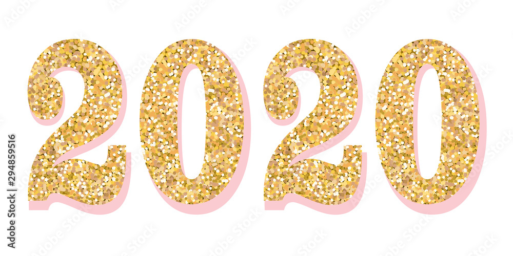 Golden 2020 year vector glitter numbers. Symbol with pink shadow for pretty cute design. Beautiful girls baby style. Little princess decoration. Stickers for notebook, scrapbook, daily book Golden 2020 year vector glitter numbers. Symbol with pink shadow for pretty cute design. Beautiful girls baby style. Little princess decoration. Stickers for notebook, scrapbook, daily book