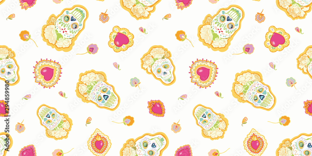 Seamless vector day of the dead folk art pattern with burning red heart and shugar scull in pastel tones. Funny and happy design for your perfect party.